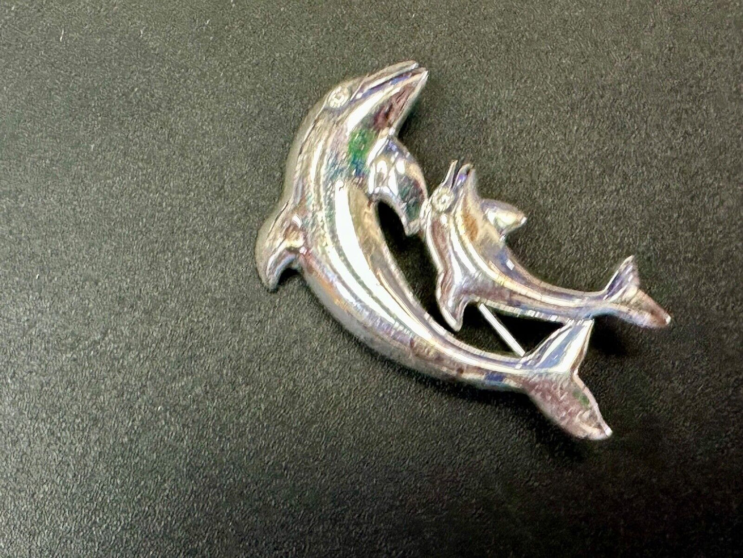 Two Dolphins Curved Jumping in ocean scene AK Anne Klein Brooch Pin
