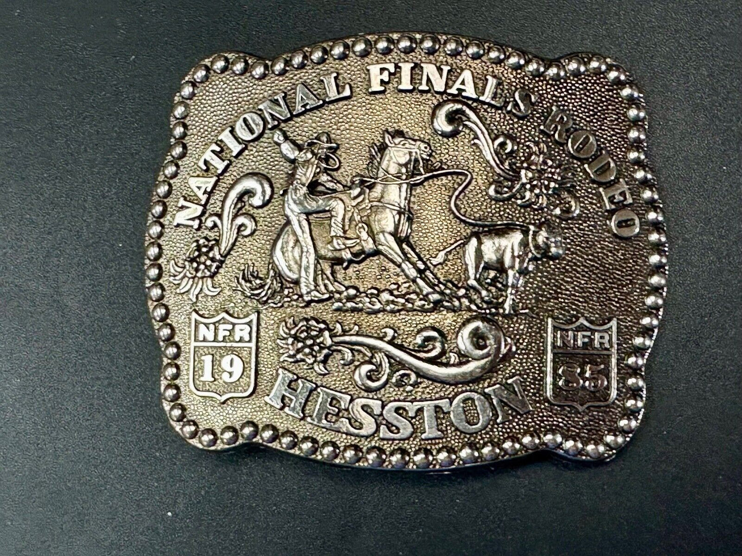 1985 NFR Rodeo Vintage Hesston Belt Buckle Steer Wrestling Cowboy