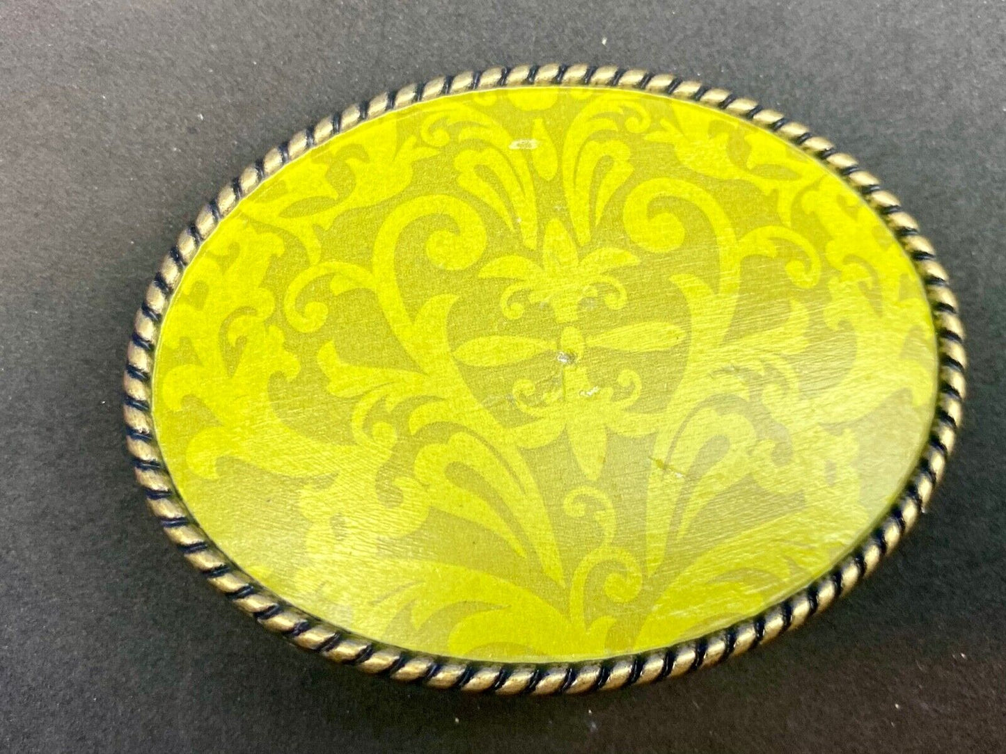 Vintage bright lime green wallpaper pattern belt buckle by Ivan
