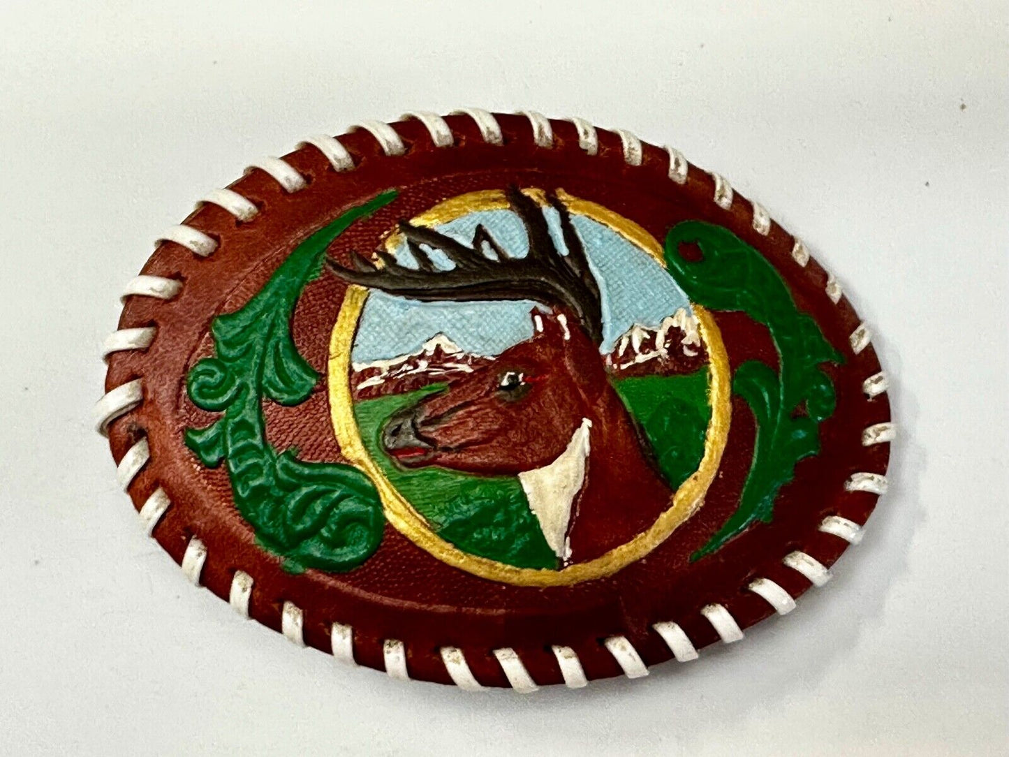 Artisan Leather Deer hand stitched large Vintage Belt Buckle