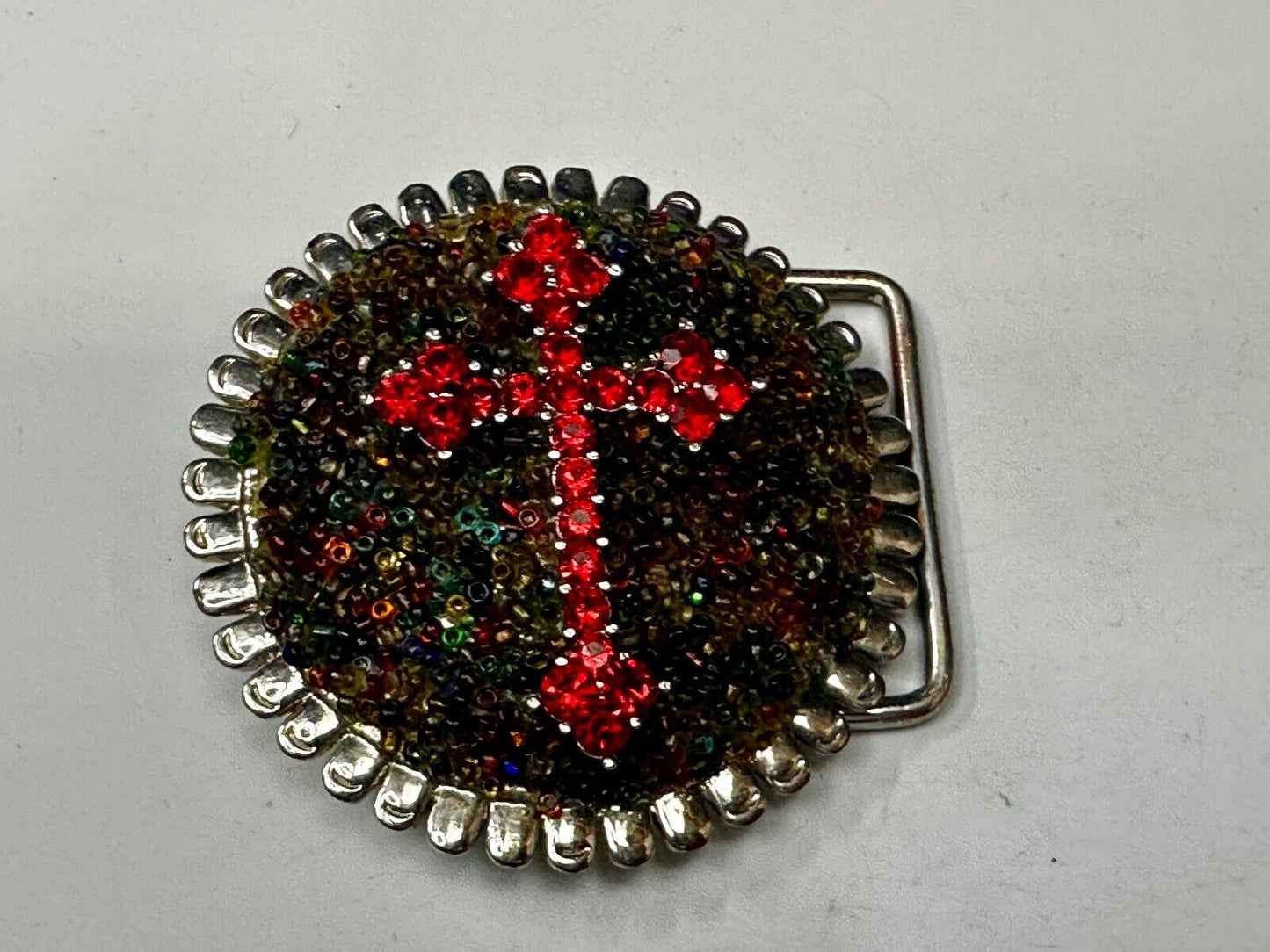 Artisan Religious Red Cross Rhinestone Covered Unique Round Chunky Belt Buckle