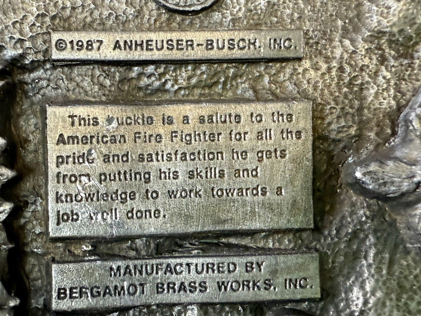 This Bud's For You The American Fire Fighter Anheuser-Busch Inc 1987 Belt Buckle