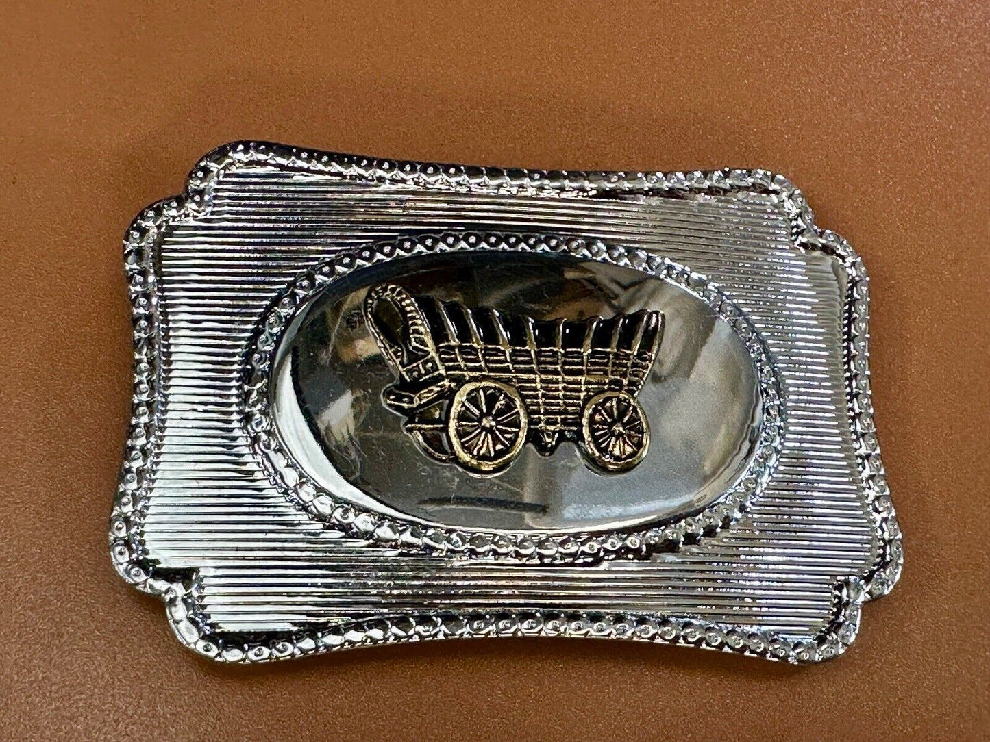 Vintage Covered Wagon - western two tone outlined belt buckle