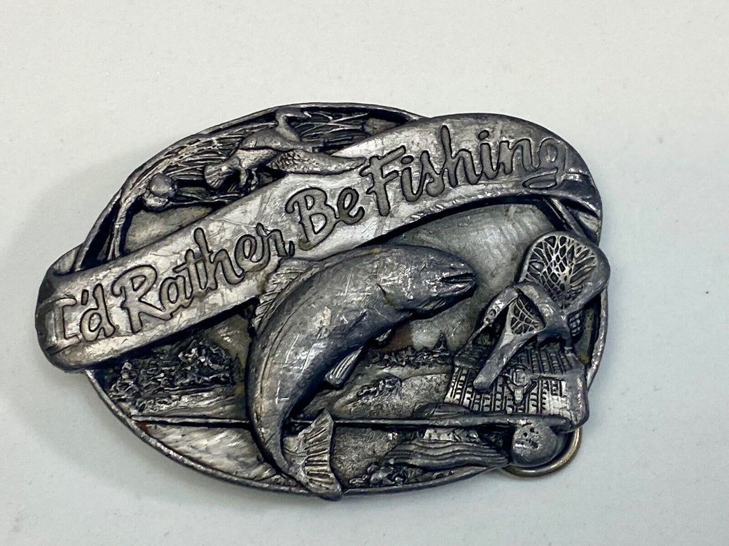Vintage 1985 "I'd Rather Be Fishing" M-30 Pewter Belt Buckle - Perfect Gift!