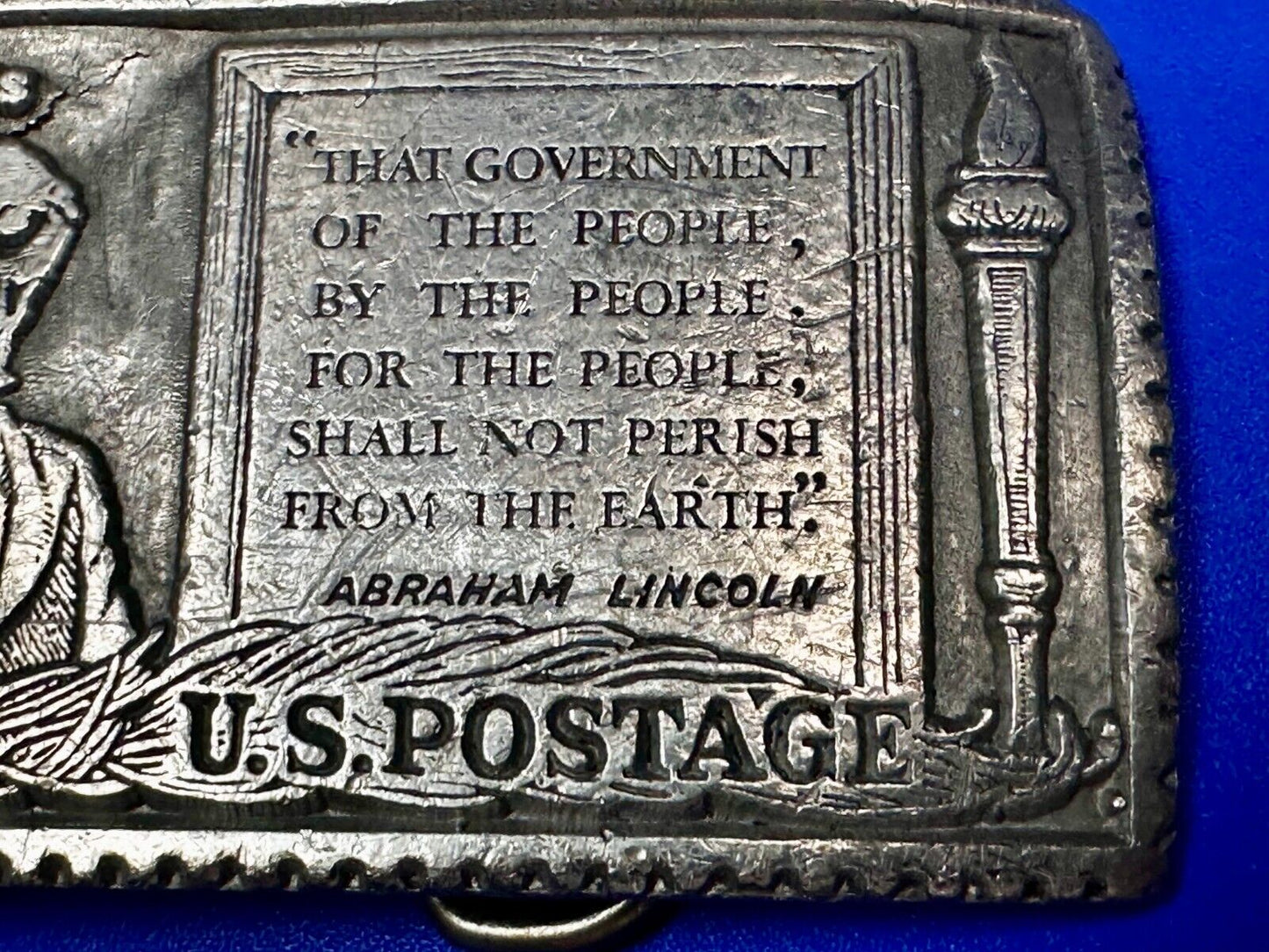 3 Cent Honest Abe Lincoln Stamp Collectors USA Patriotic Pewter Belt Buckle