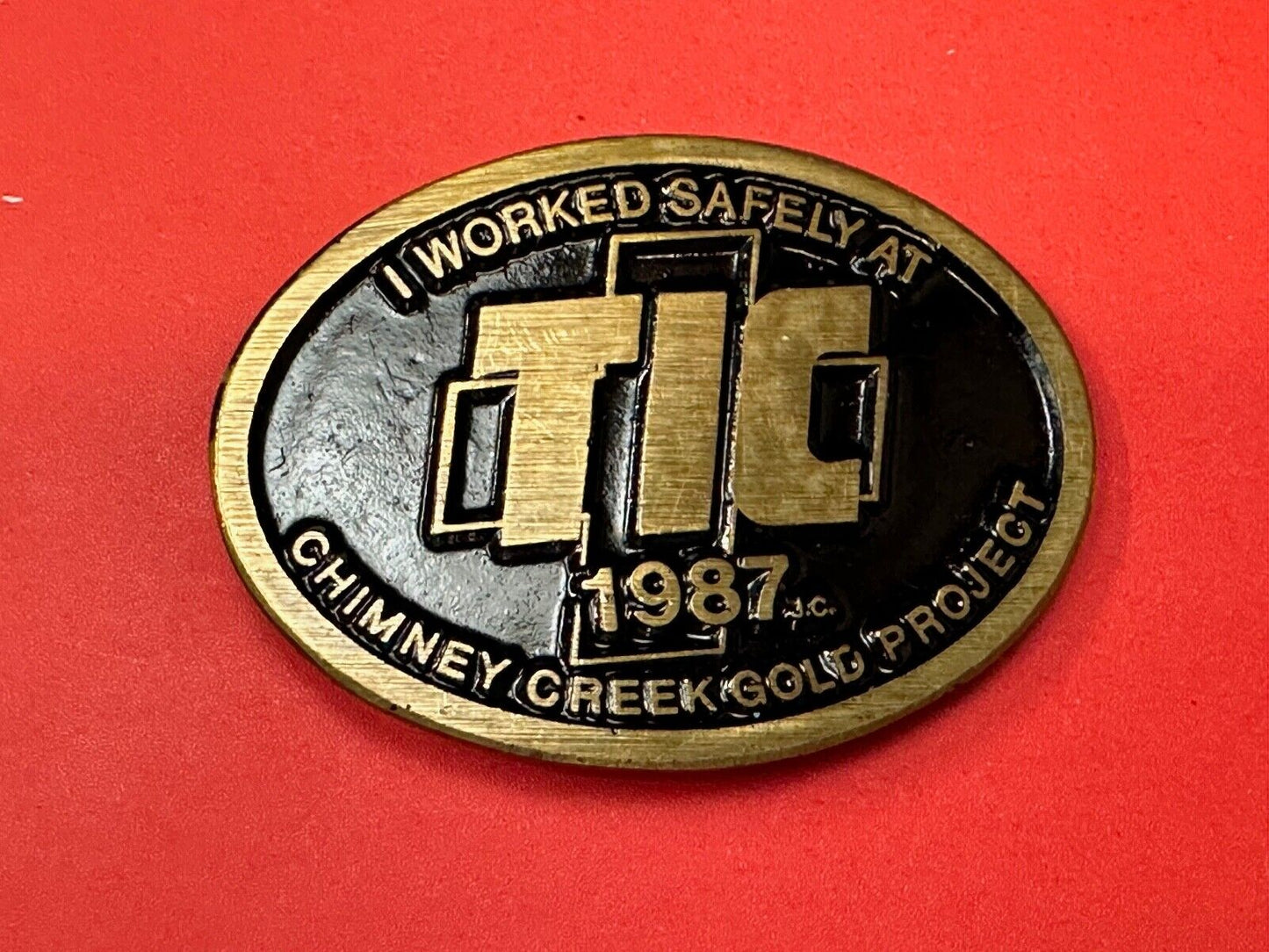 Vintage 1987 TIC Chimney Creek Gold Project Safety award brass belt buckle
