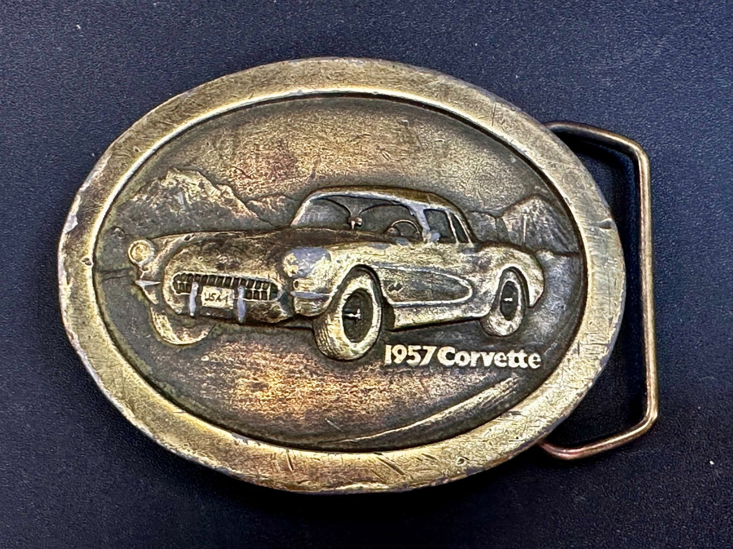 1957 Corvette Chevy Car Collector Brass Tone Indiana Metal Craft Belt Buckle