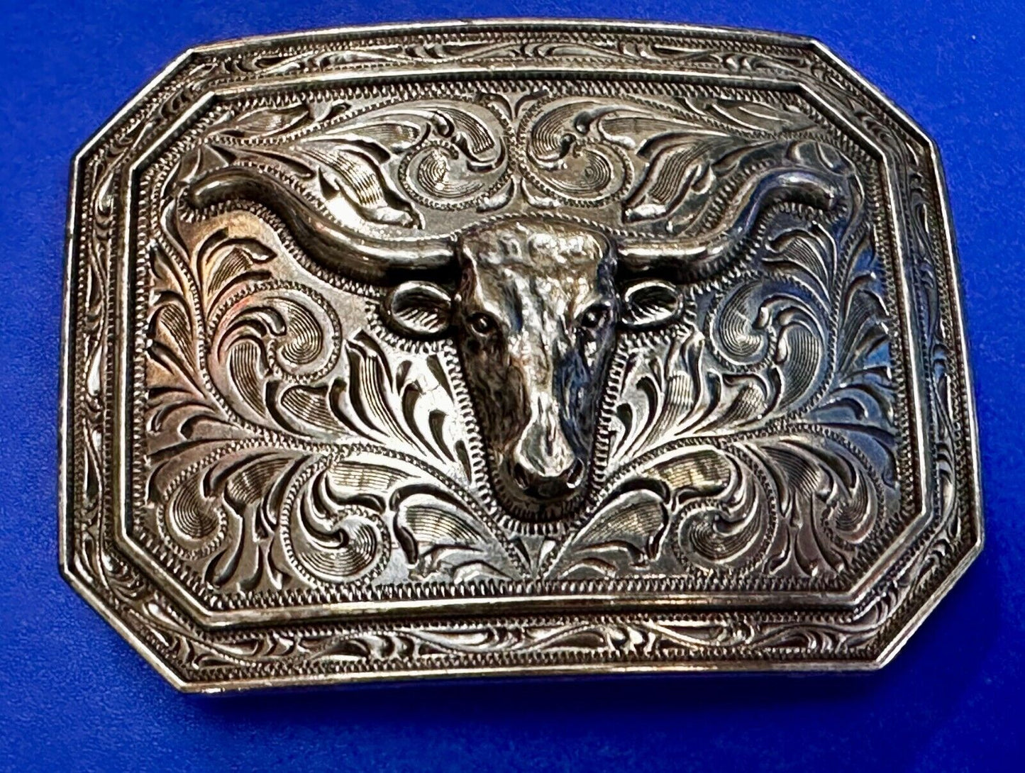 Texas Longhorn Cow Head Steer Ornate Silver Color Western Cowboy Belt Buckle