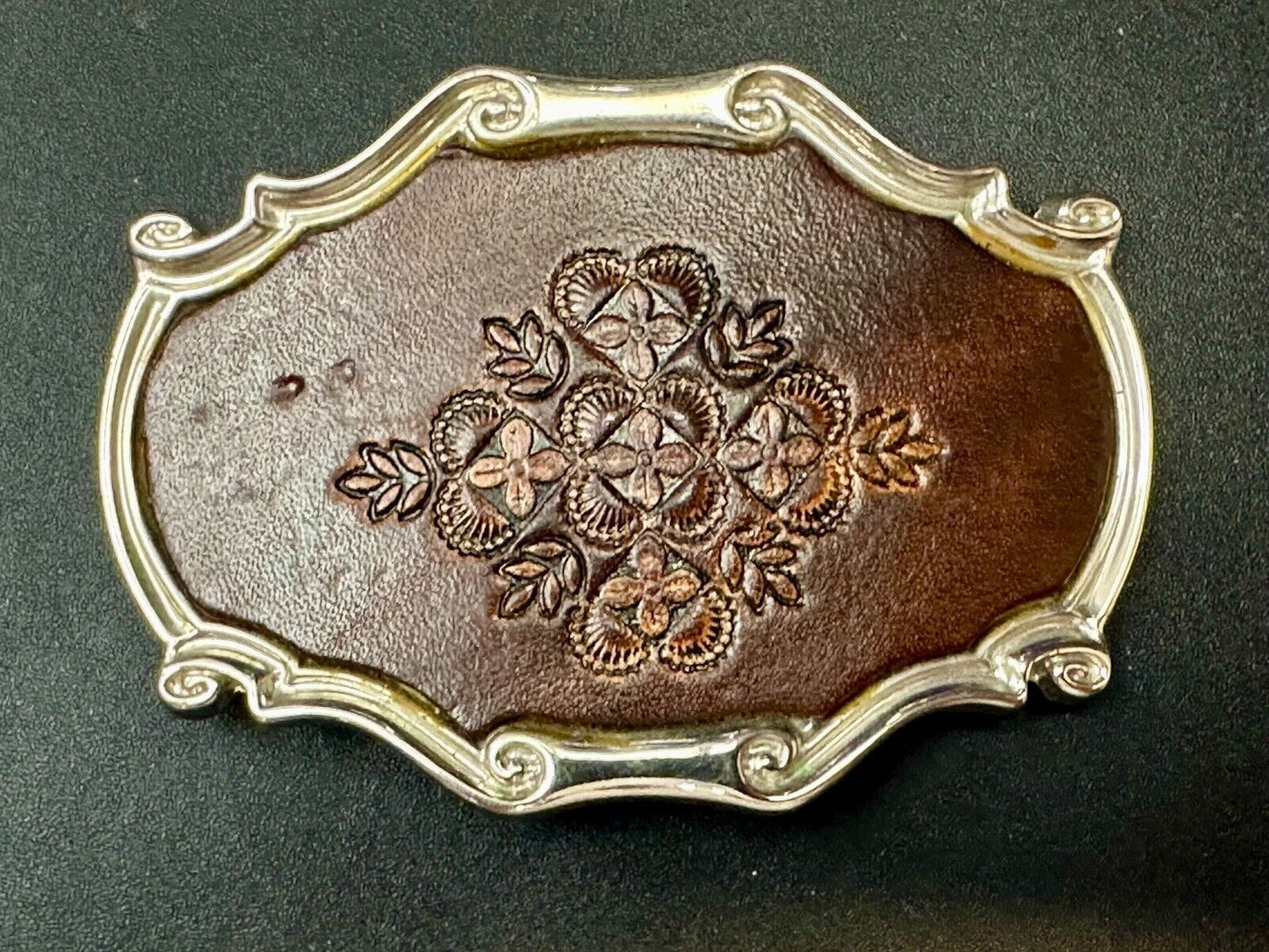 Vintage Brown leather flower pattern belt buckle made in Spain