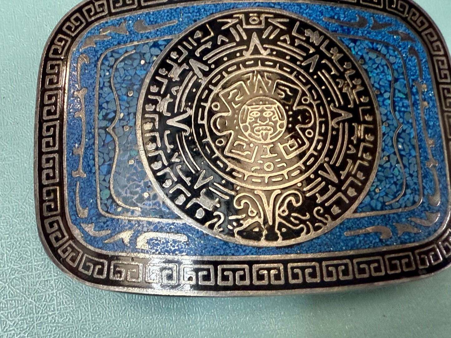 Aztec Mayan Calendar Turquoise Chip Inlay Tribal Art Belt Buckle Mexico Made