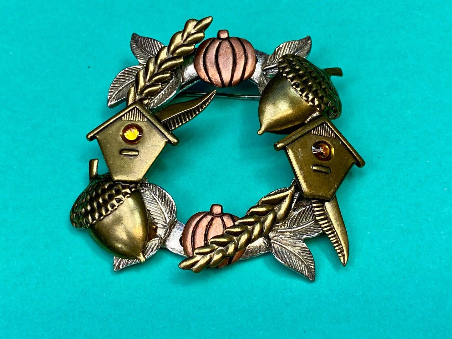 Acorns & Pumpkin Birdhouse Wreath Autumn Fall Theme Brooch Pin Jewelry