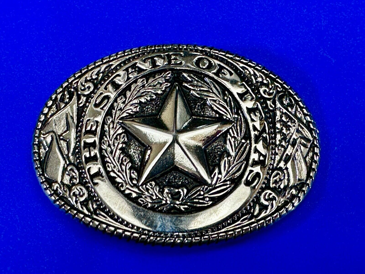 The Great State of Texas - Lone Star Flags seal silver tone NOS belt buckle