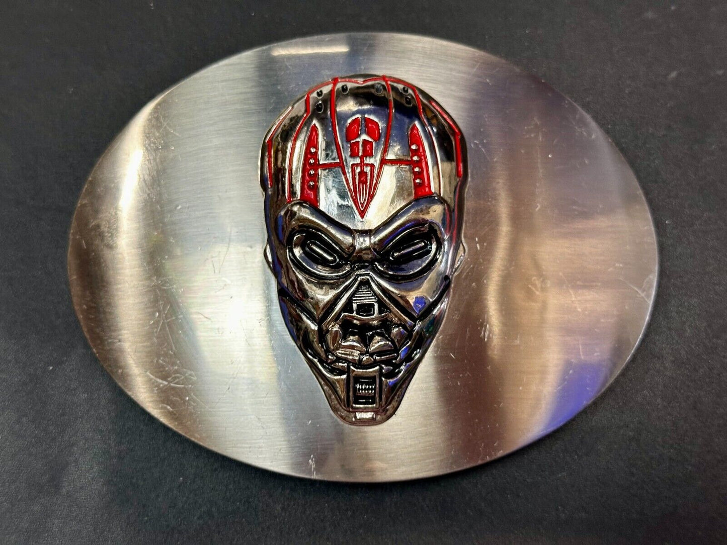 Terminator Skull Head Gothic Vibe Silver Tone Biker HUGE oval Belt Buckle