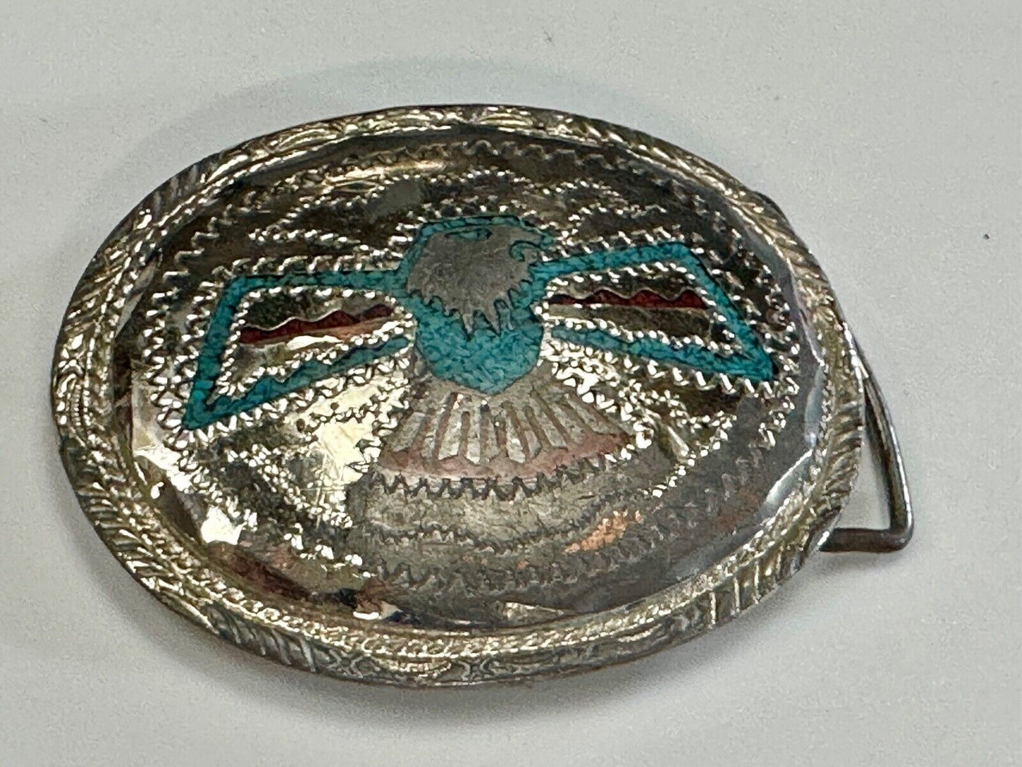 THUNDERBIRD Inlaid turquoise & Coral belt buckle - see hallmark --- to restore