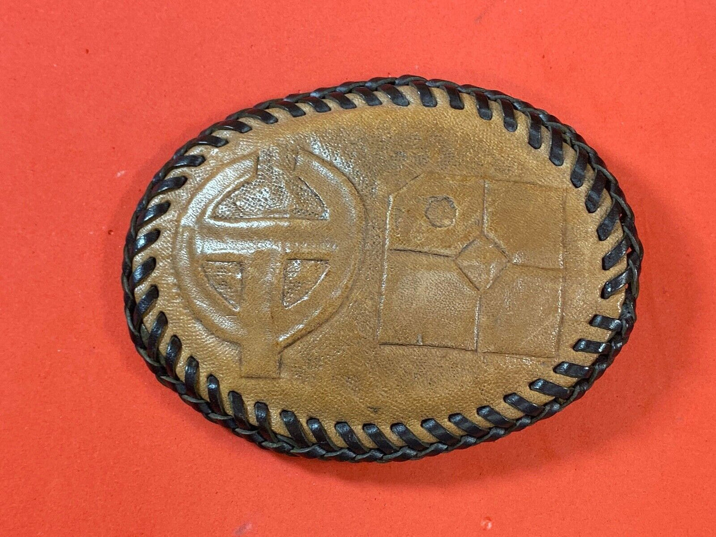 Vintage - Leather stitched belt buckle with Oil? company logo