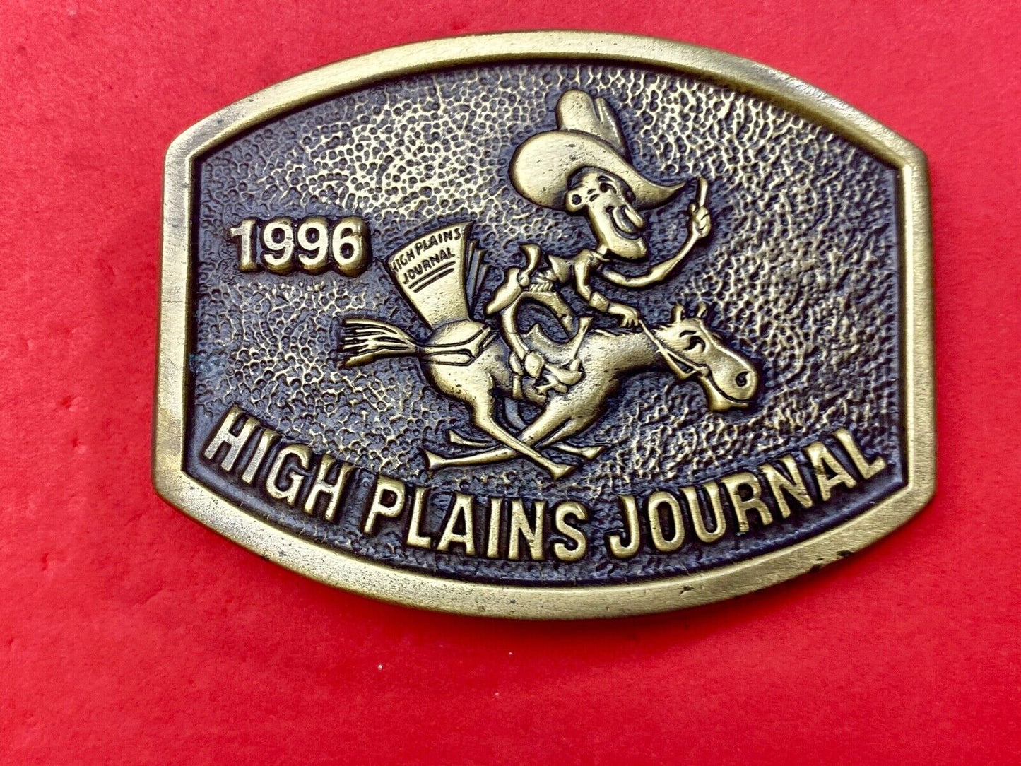 Vintage 1996 High Plains Journal Belt Buckle Cowboy Horse Newspaper