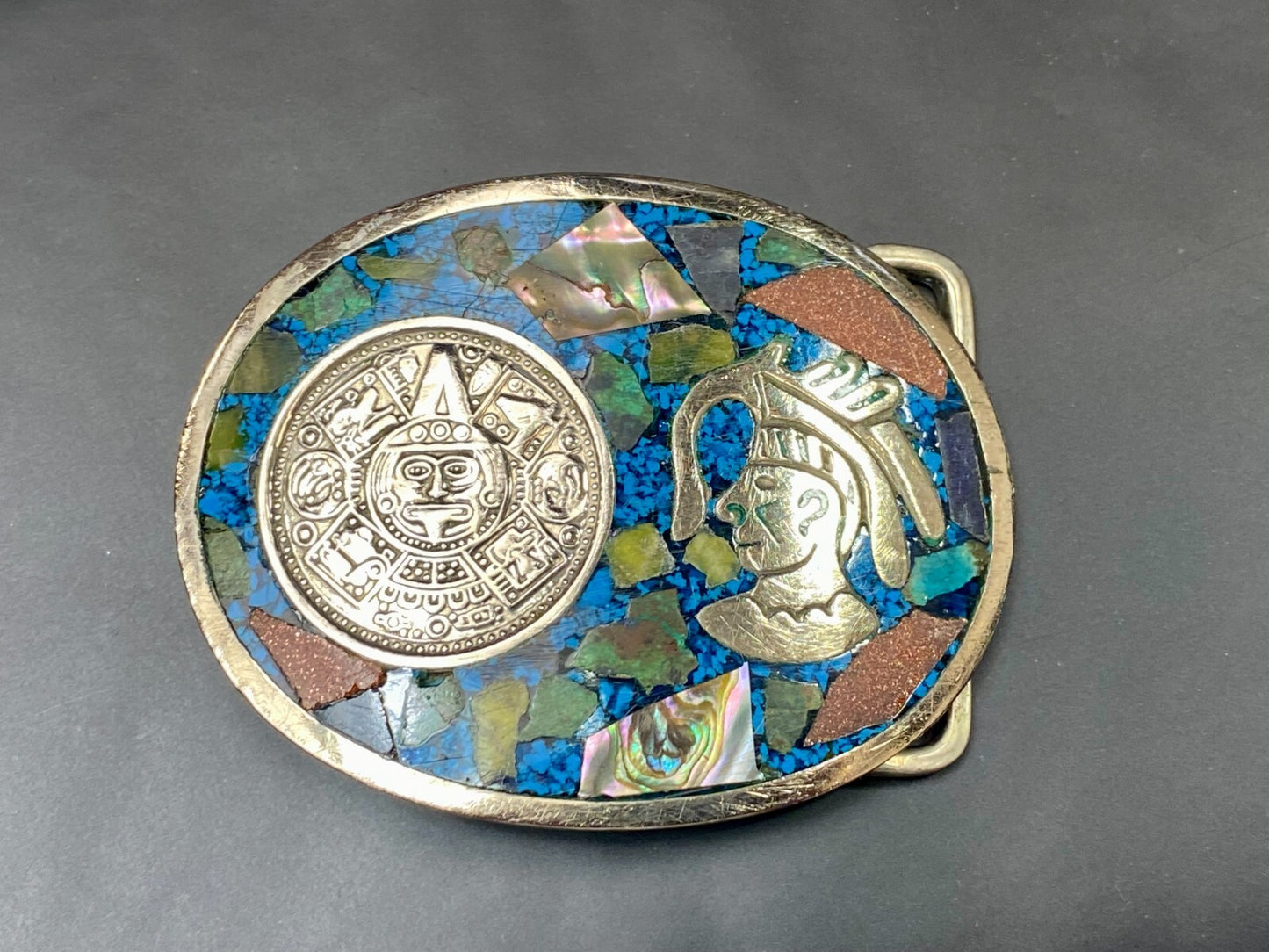 Aztec Mayan Calendar Coin Turquoise Inlay Mexico Sterling Silver Belt Buckle