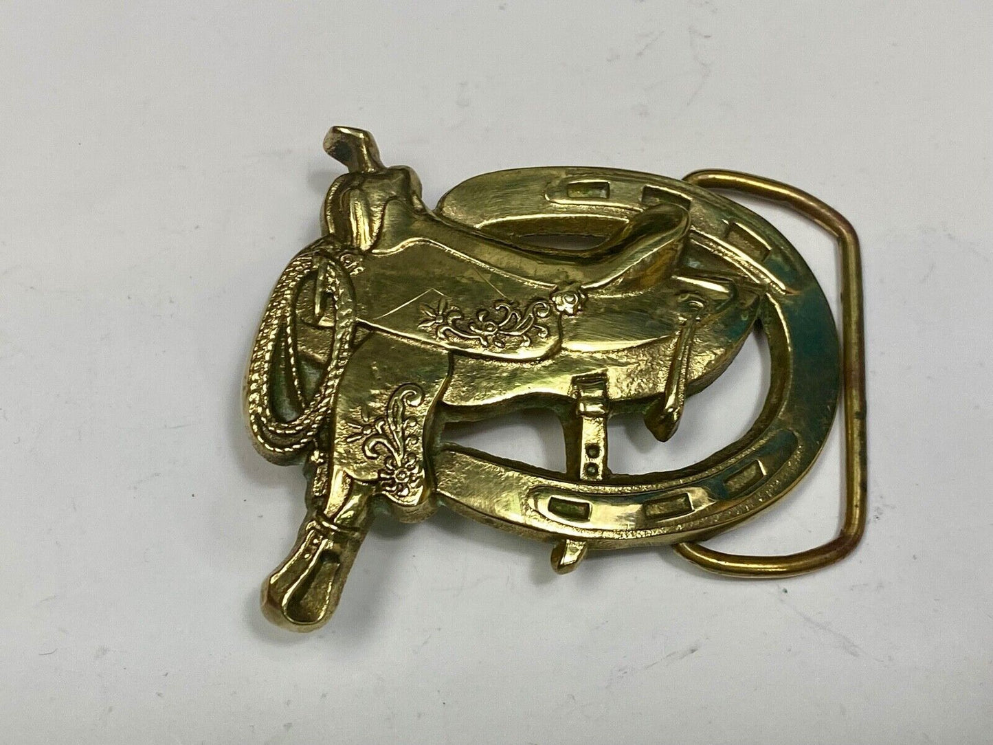 Vintage 1980 Horse Saddle Solid Brass Belt Buckle By Baron Brass Works