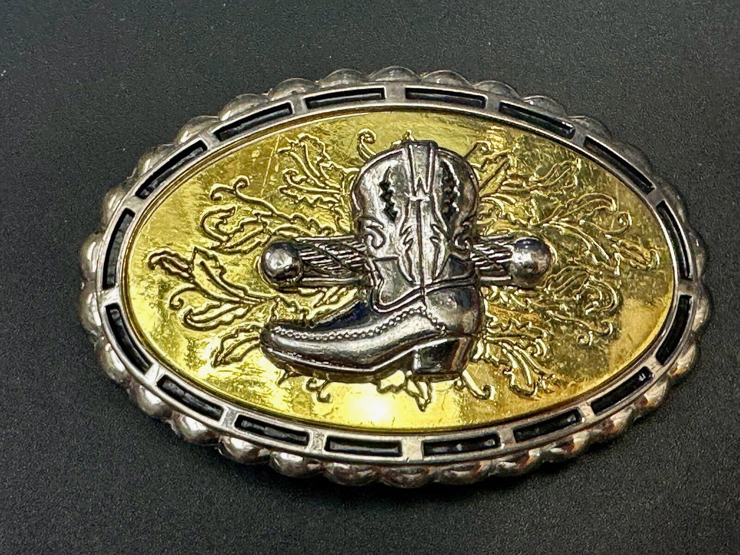 Unique Single Cowboy Boot - vintage yellow background western belt buckle