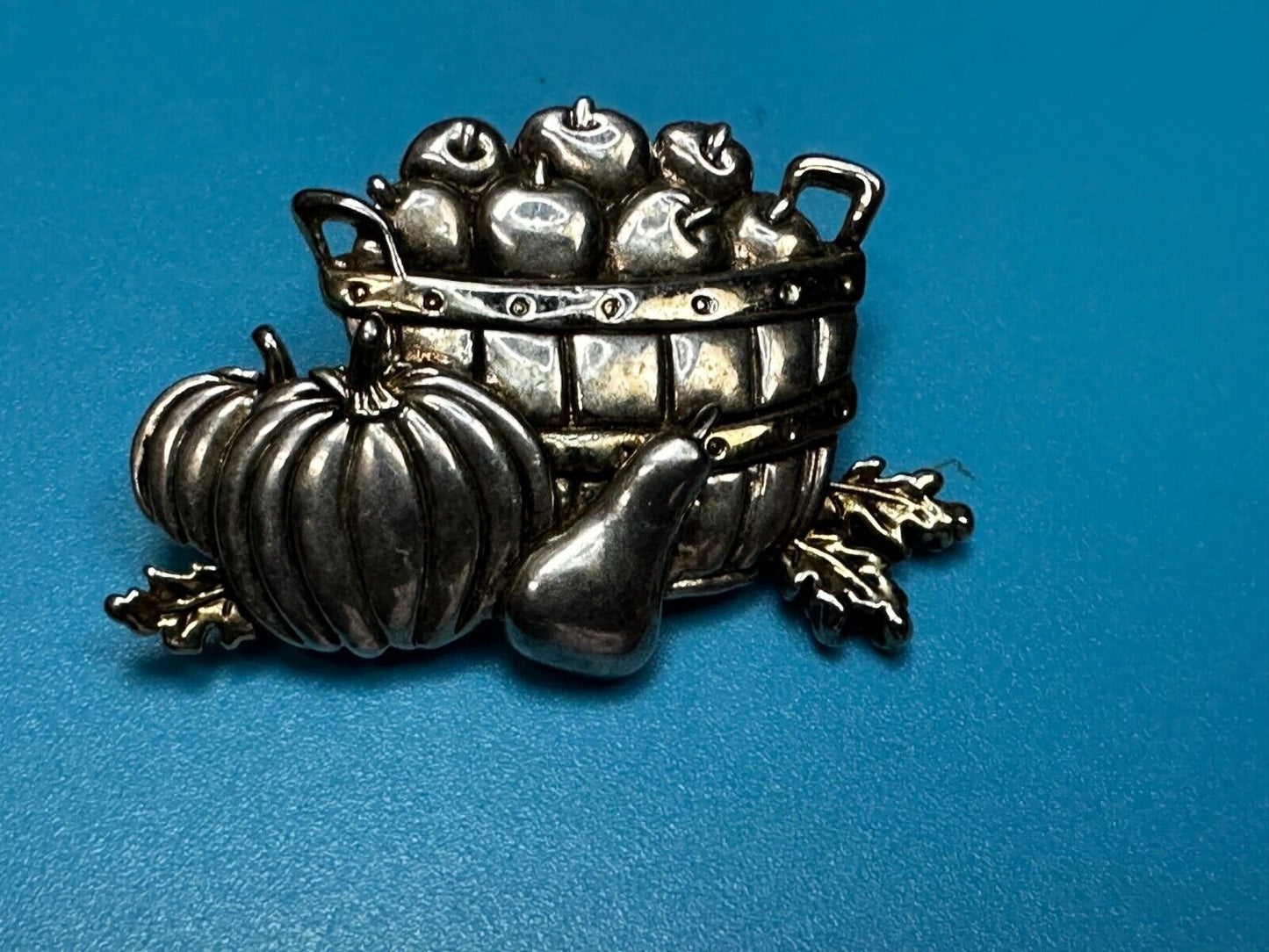 Apple Basket Pumpkin Fall Harvest Autumn Vintage Brooch Pin Signed by MJ