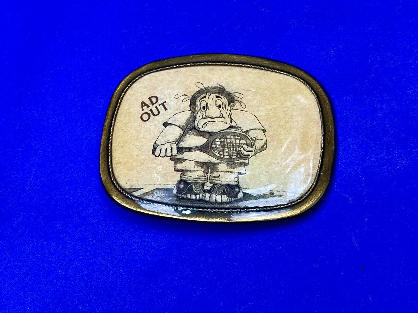 Tennis Game Novelty 70'S Cartoon Figure "Ad Out" Rounded Corner Belt Buckle