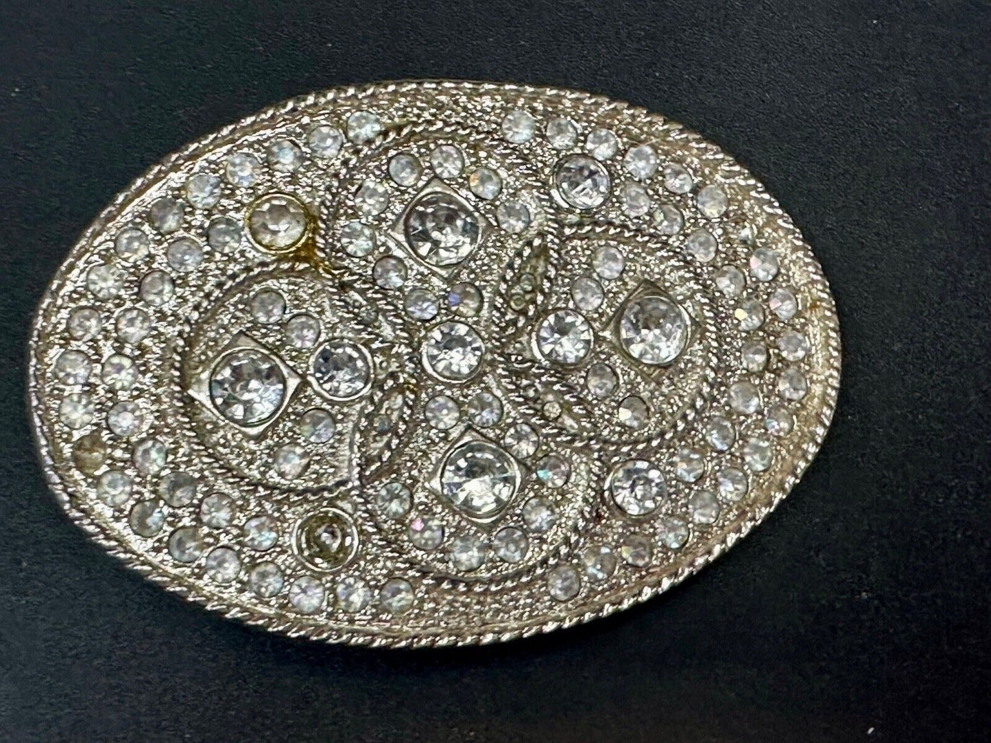 Vintage Appearance silver tone oval Belt Buckle - missing a few Rhinestone's