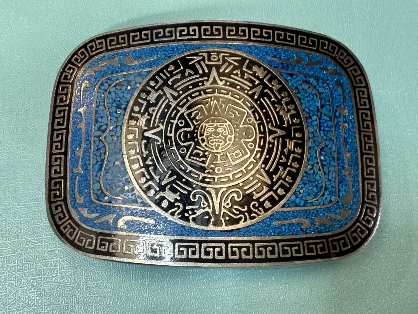 Aztec Mayan Calendar Turquoise Chip Inlay Tribal Art Belt Buckle Mexico Made