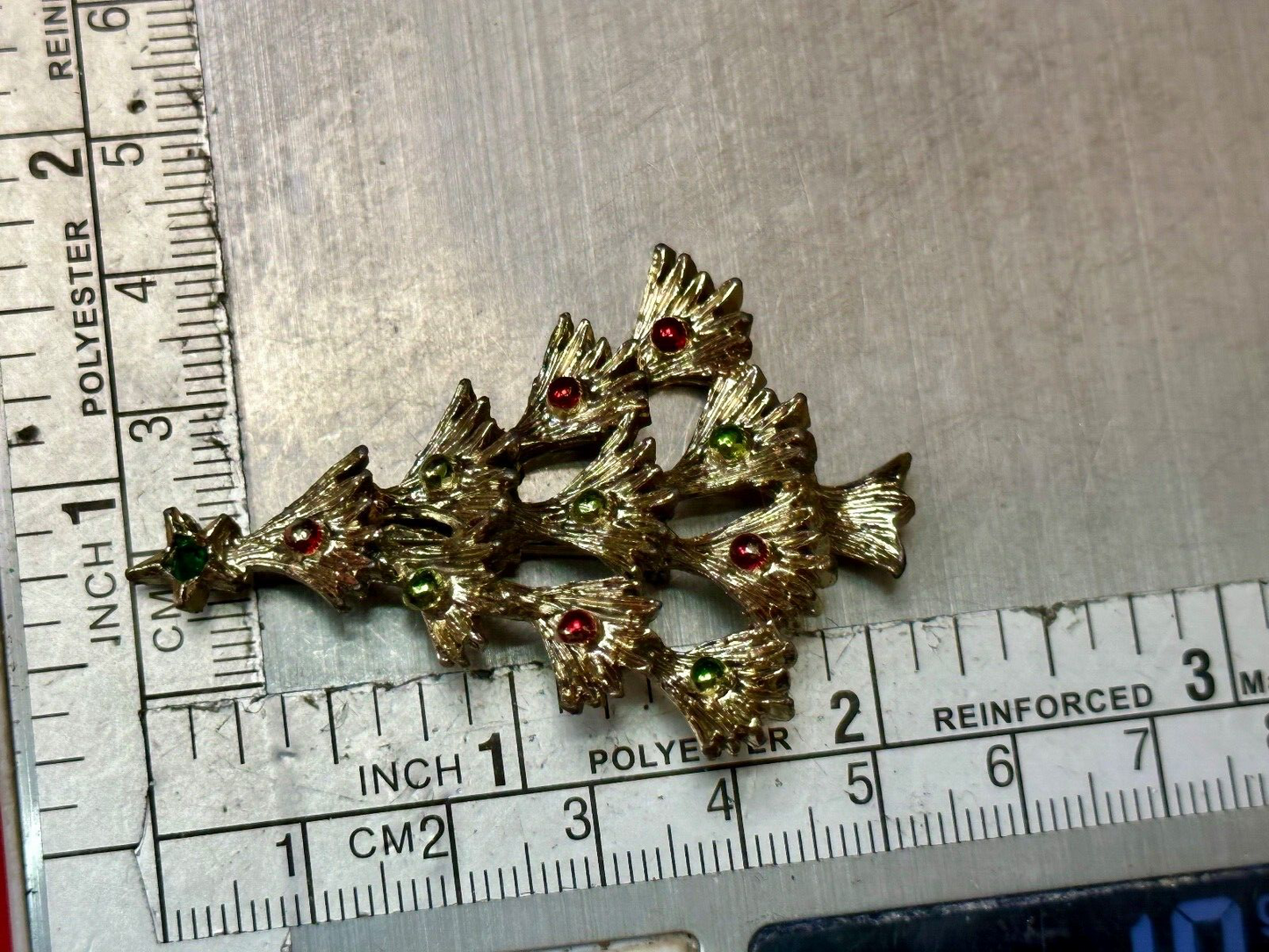 Vintage Christmas Tree & Ornaments Gold Tone Red Green Holiday Brooch Pin