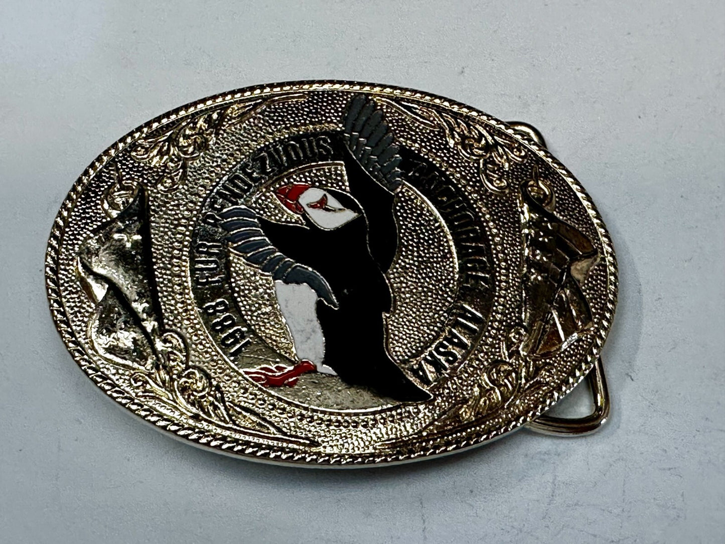 1988 Fur Rendezvous Anchorage Alaska Flag Bald Eagle Commemorative Belt Buckle
