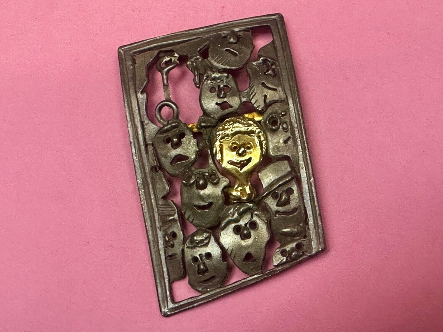 The Standout! Many Faces in Asymmetric Frame Vintage Pewter Brooch Pin by Ultra