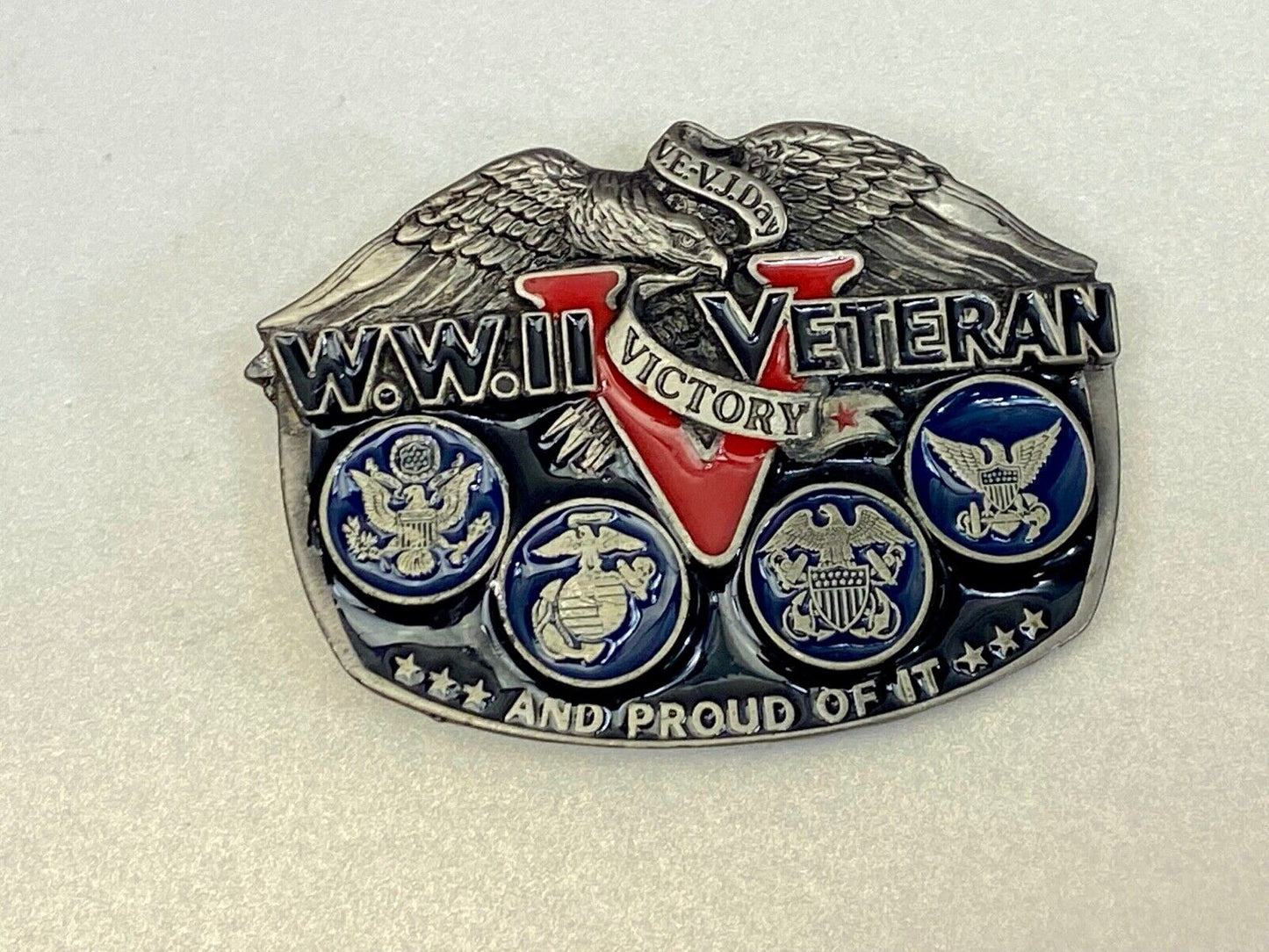 1980 Wold War II WW2 The American Veterans soldier belt buckle and proud of it!