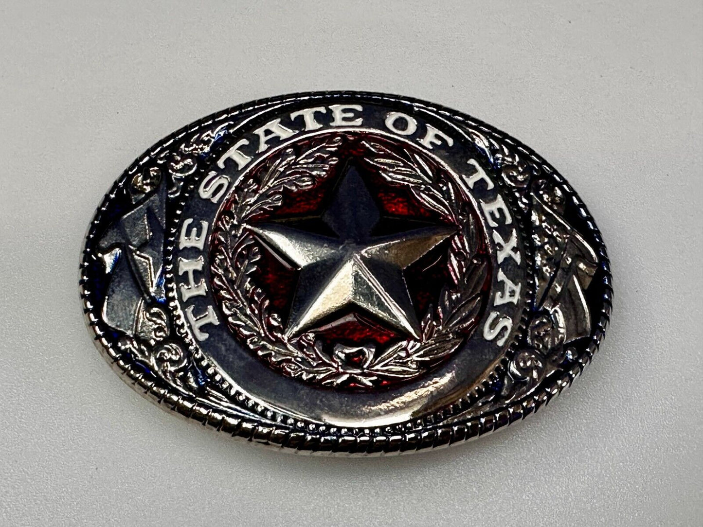 The Great State of Texas - Flag & Star Vtg. Red Blue & Black Color Belt Buckle