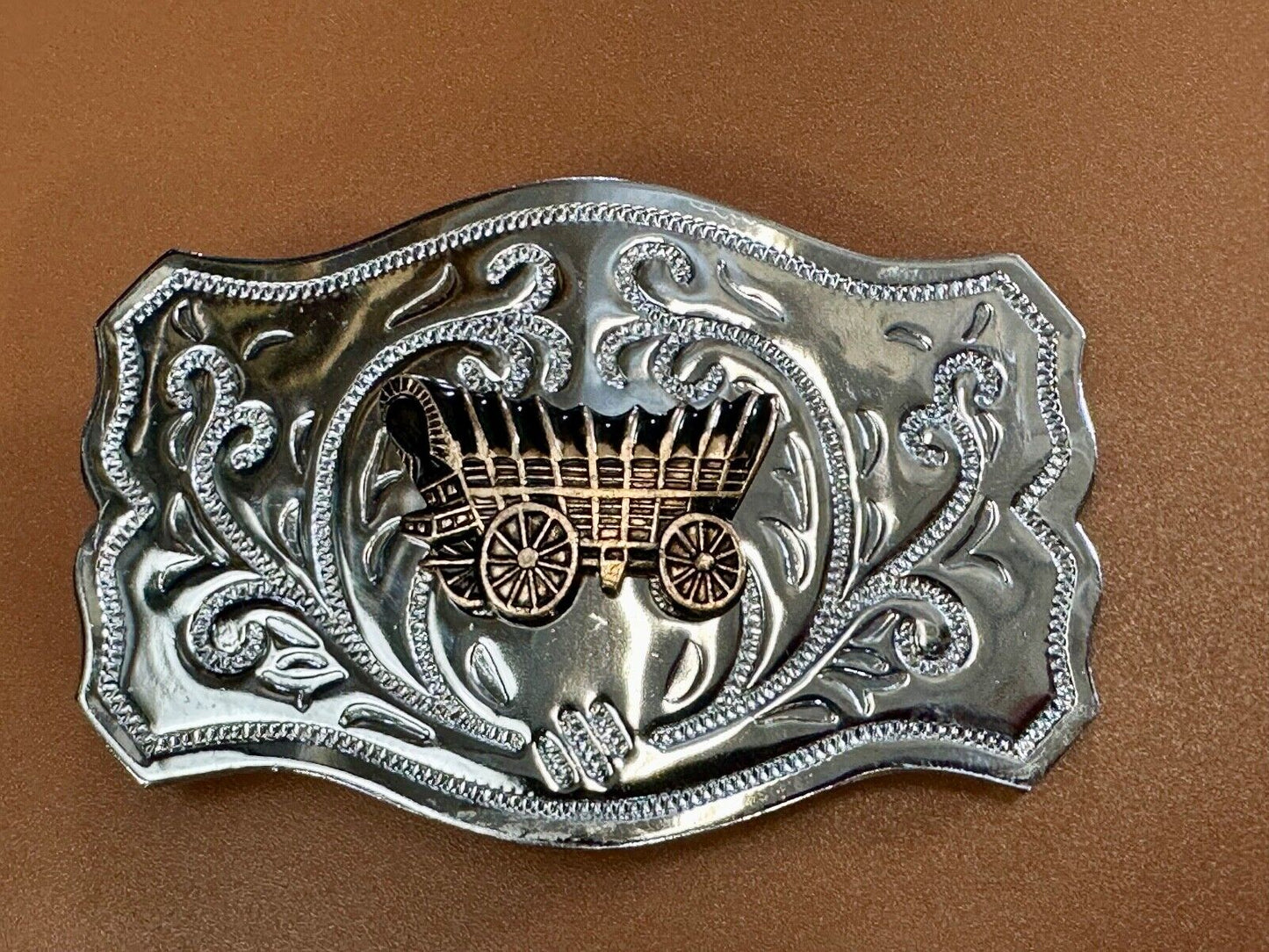 Vintage Covered Wagon - western two tone outlined ornate belt buckle