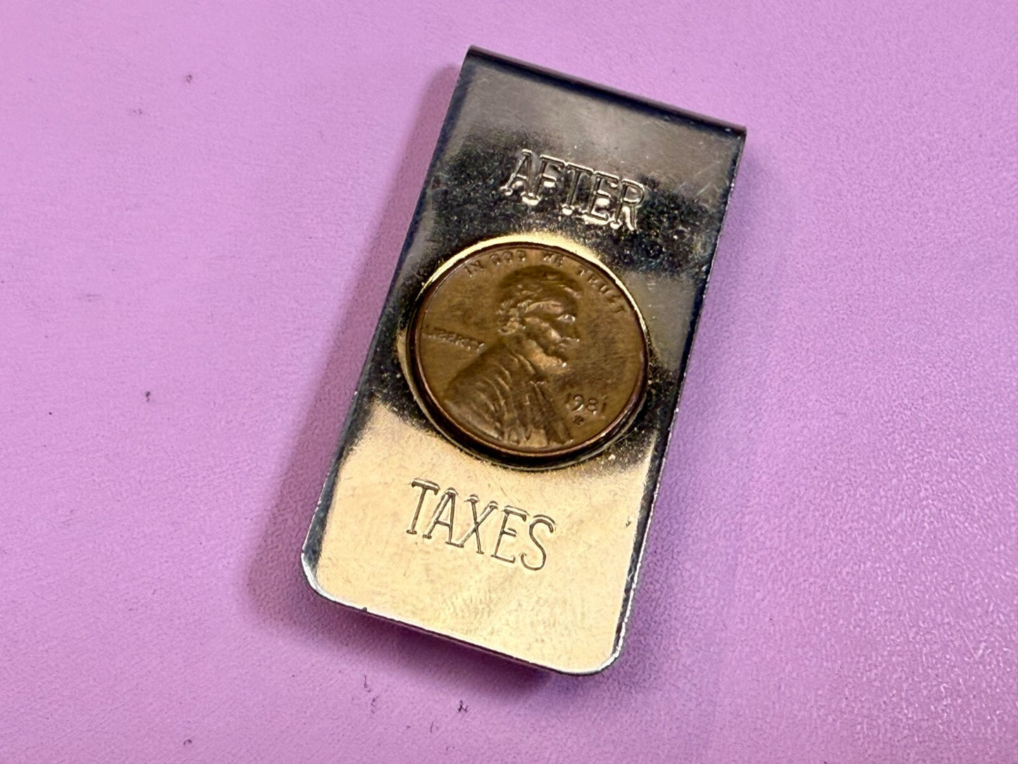 After Taxes! Single Lincoln 1981 Penny Vintage Funny Bill Cash Holder Money Clip