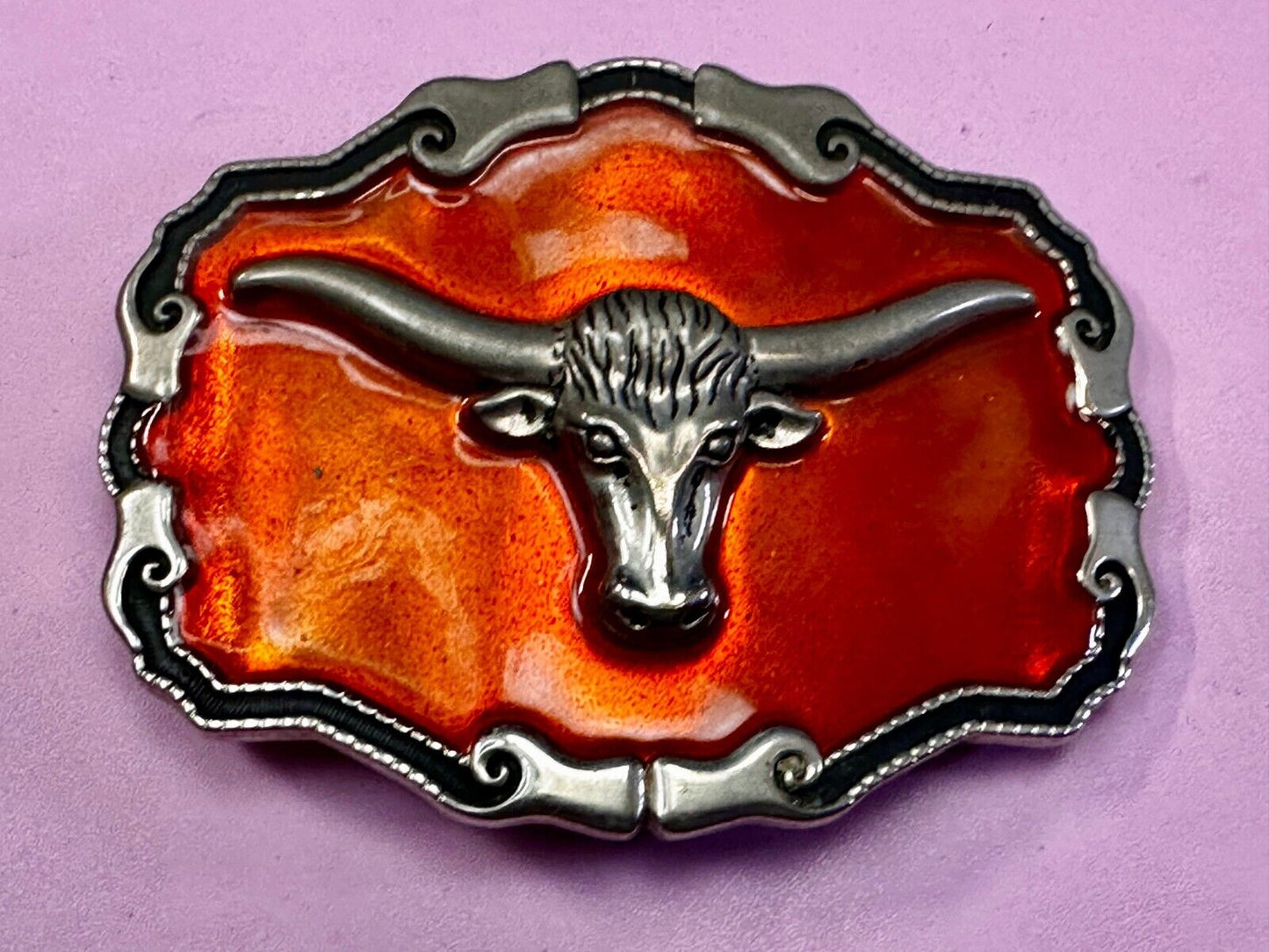 Texas Longhorn Cow Head Steer Orange Enameled Western Cowboys Rodeo Belt Buckle