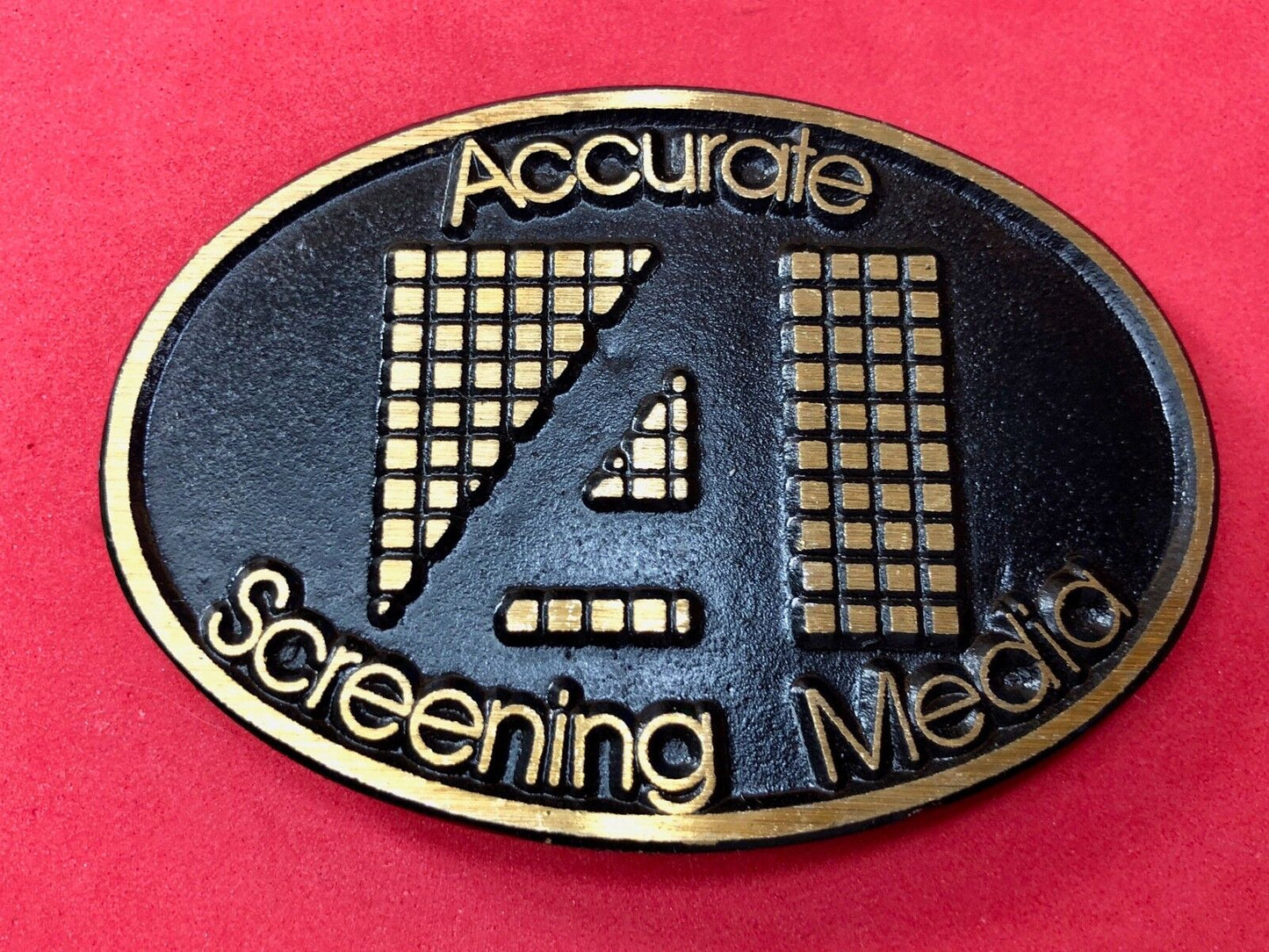 Vintage ACCURATE Screen media Belt Buckle Company Advertising Promo Logo Add