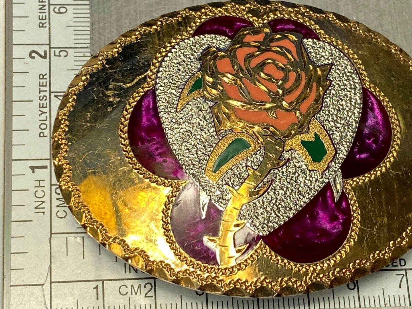 Beautiful Rose - S. O. Steele 1993 vintage inlaid artisan QUALITY belt buckle