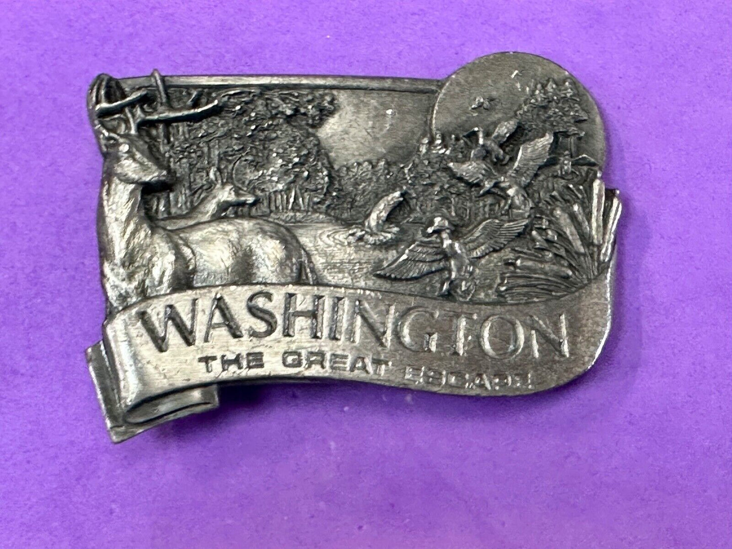VINTAGE 1984 **WASHINGTON** THE GREAT ESCAPE PEWTER BELT BUCKLE BY BERGAMOT