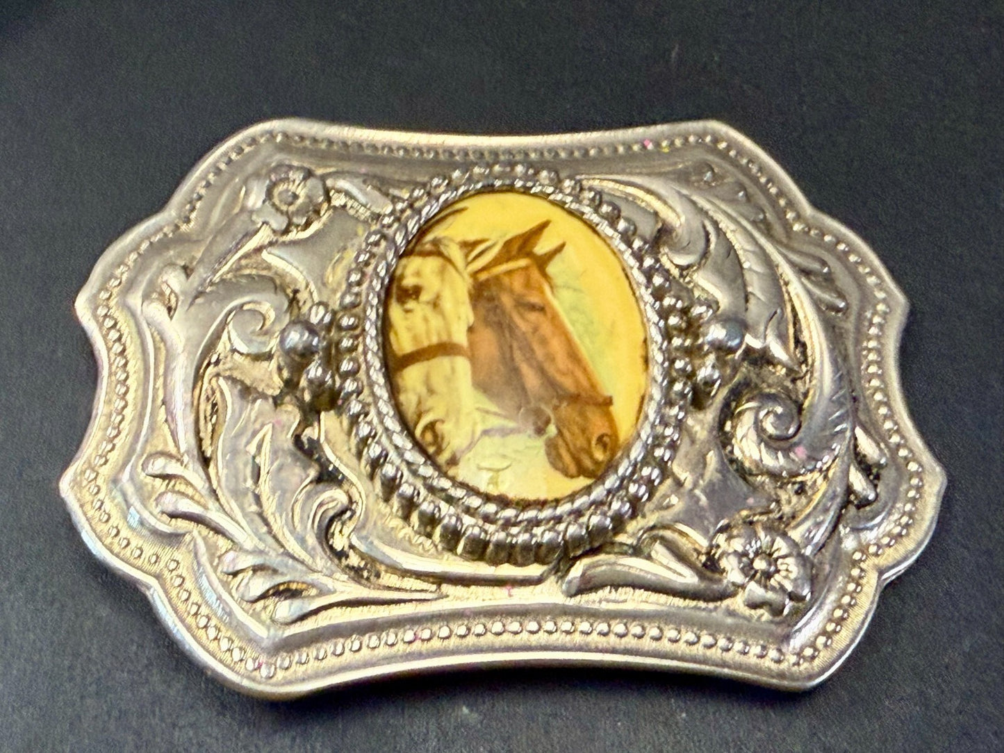 Beautiful Two Horse Head Picture Cabochon Centerpiece Western Ornate Belt Buckle