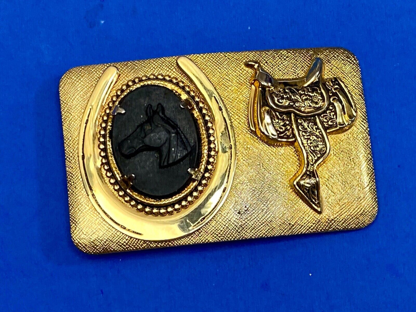 Black Horse Head And Saddle As Centerpiece In Western Gold Tone Belt Buckle