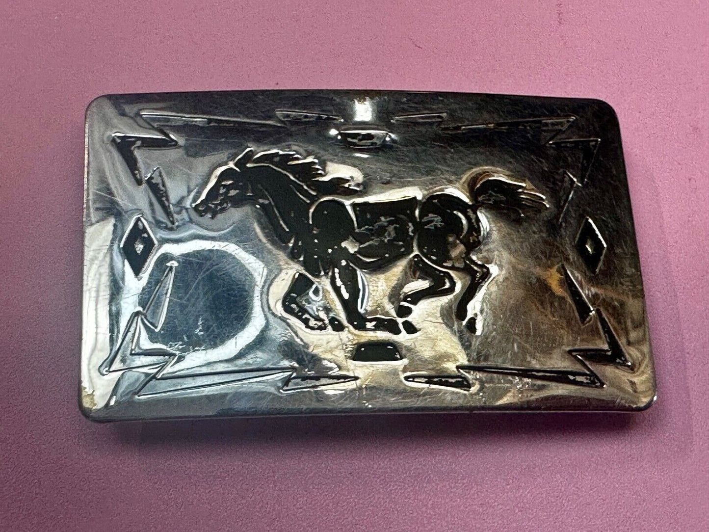 Vintage Chambers Horse Running Mustang nickel silver USA made Belt Buckle