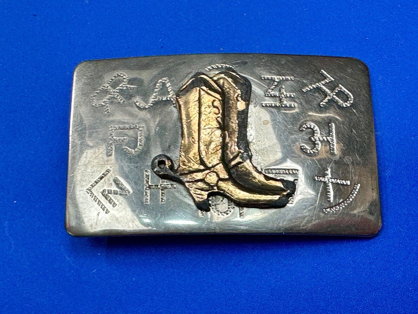 Vintage Cowboy Boots - Western two tone Chambers belt buckle with cattle brands