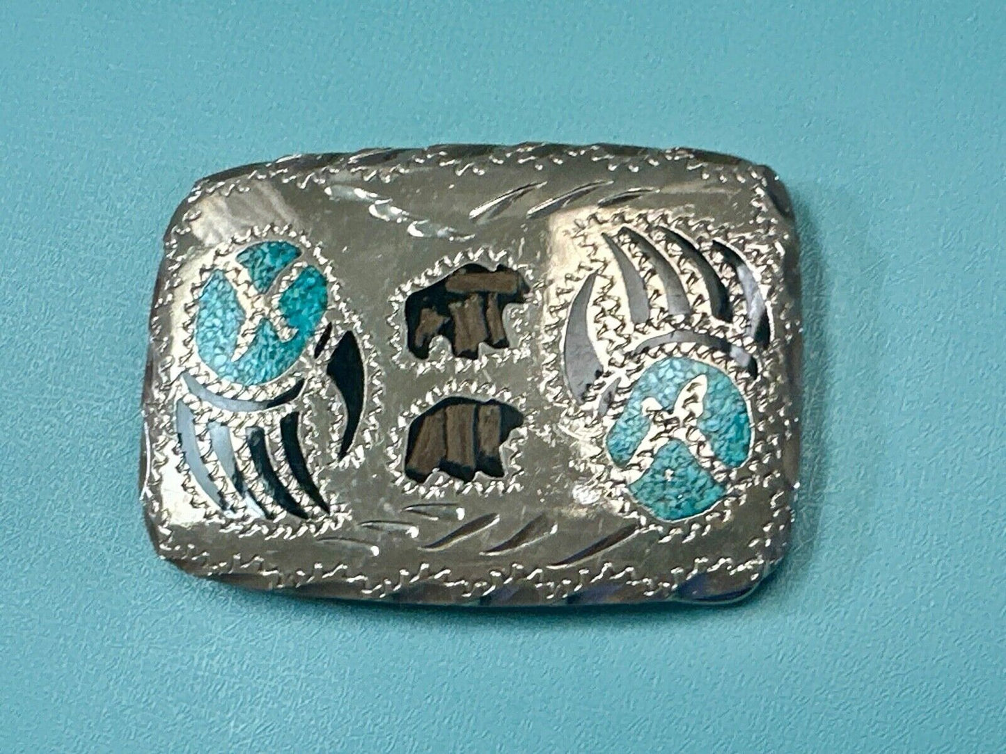 Bear - Paw Figure vintage inlaid turquoise chip & black Enamel belt buckle