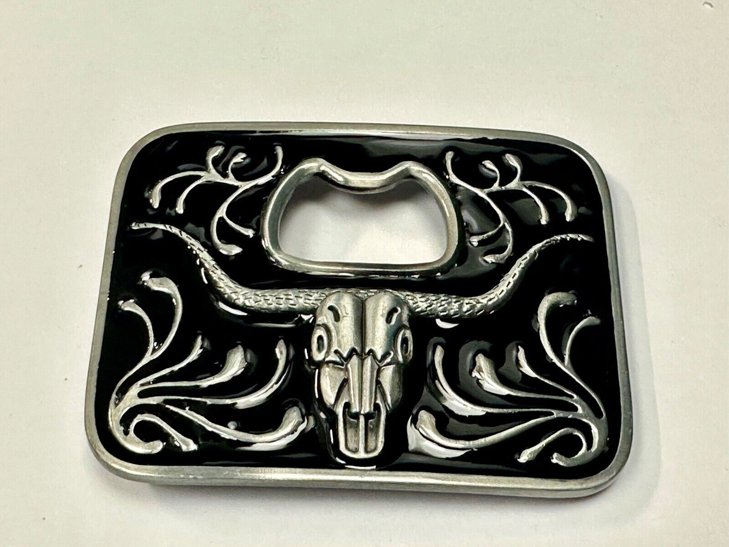 Texas longhorn - black and silver color belt buckle bottle opener