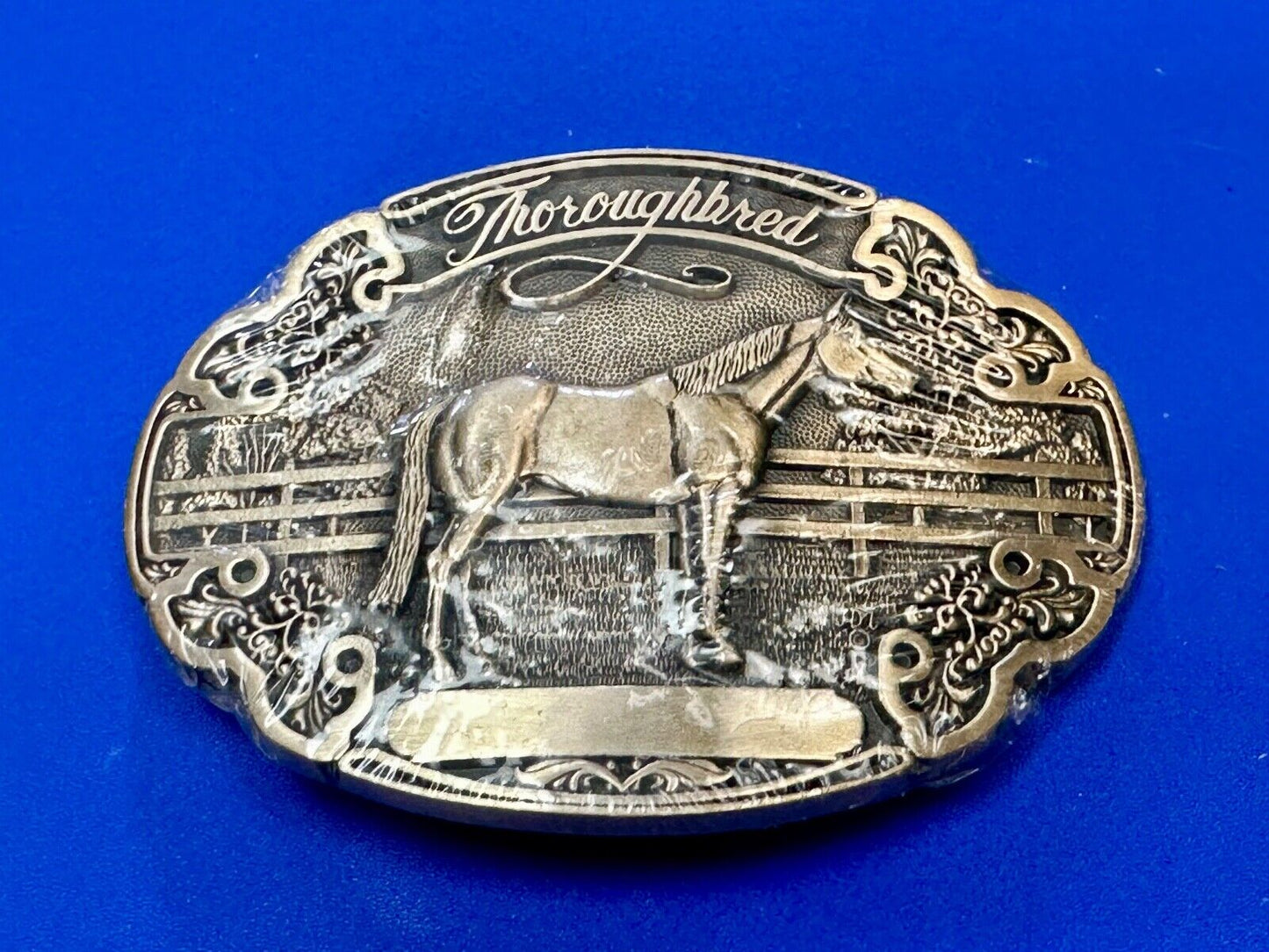 Thoroughbred Horse with Award Ribbon NOS Vintage ADM Solid Brass Belt Buckle