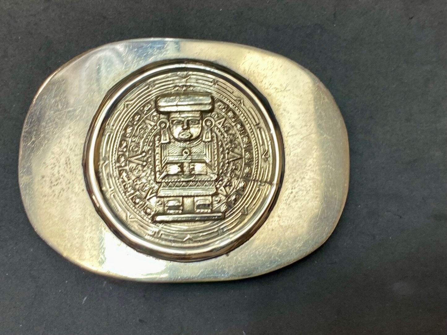 Aztec Calendar Person Figure silver tone? Belt Buckle Mayan Indian