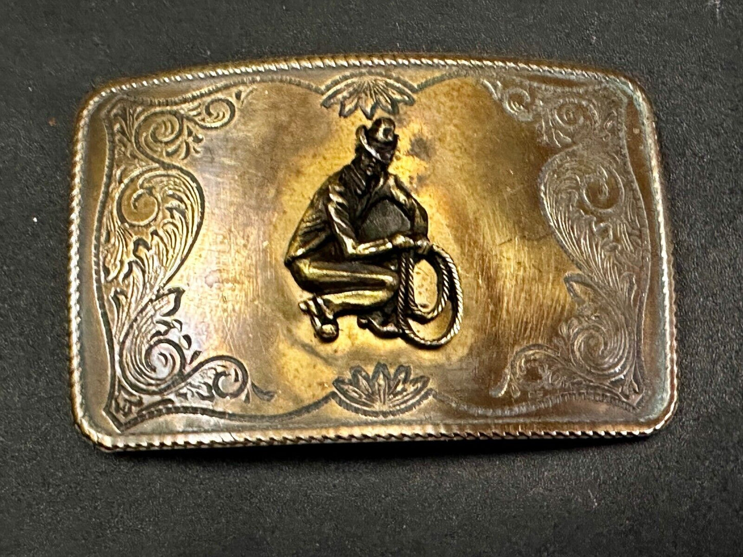 Vintage Cowboy Kneeling With Rodeo Lasso Rope Western Belt Buckle