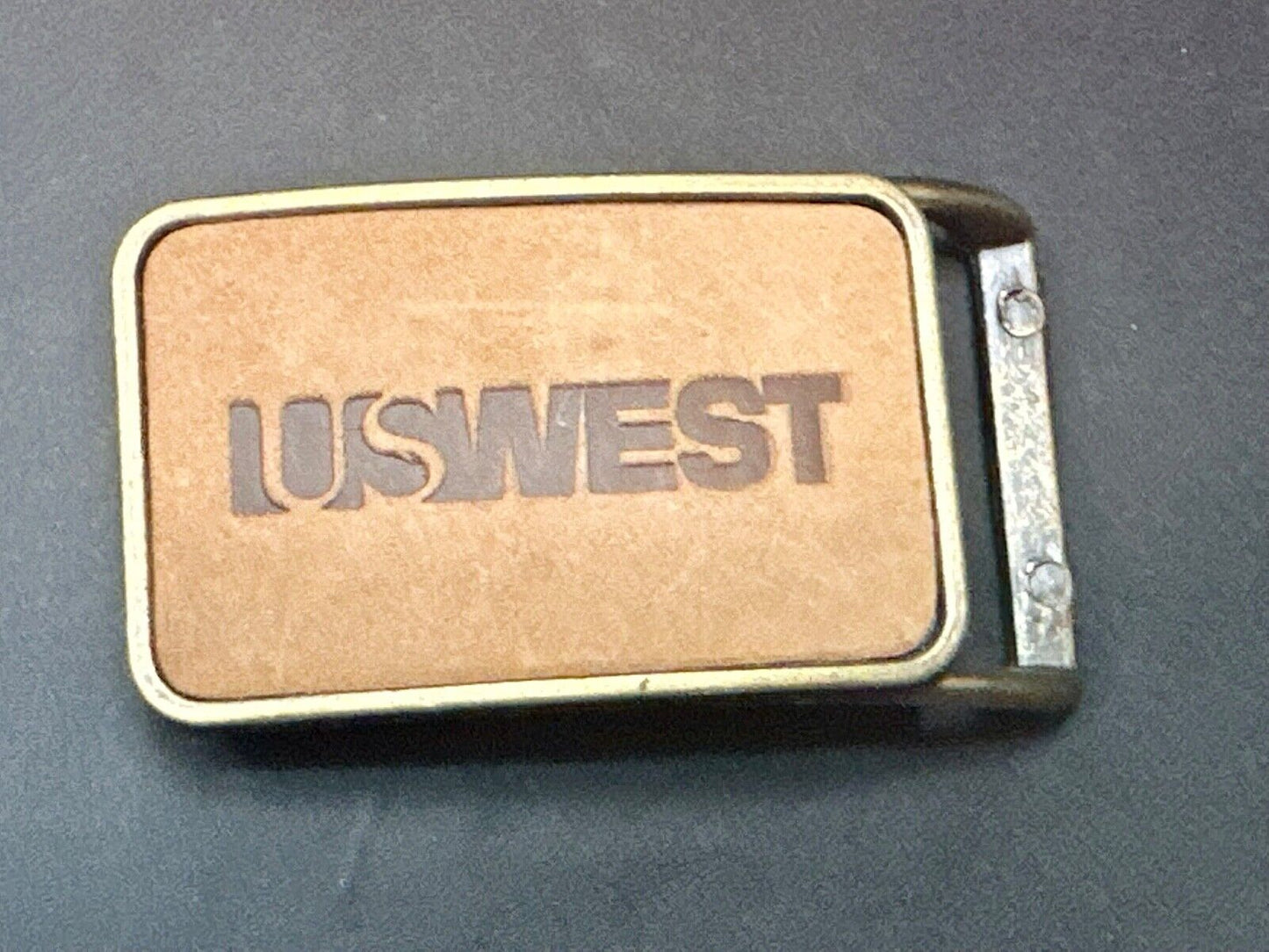 US WEST Telephone Service Company Promo Vintage Leather & Brass Tone Belt Buckle