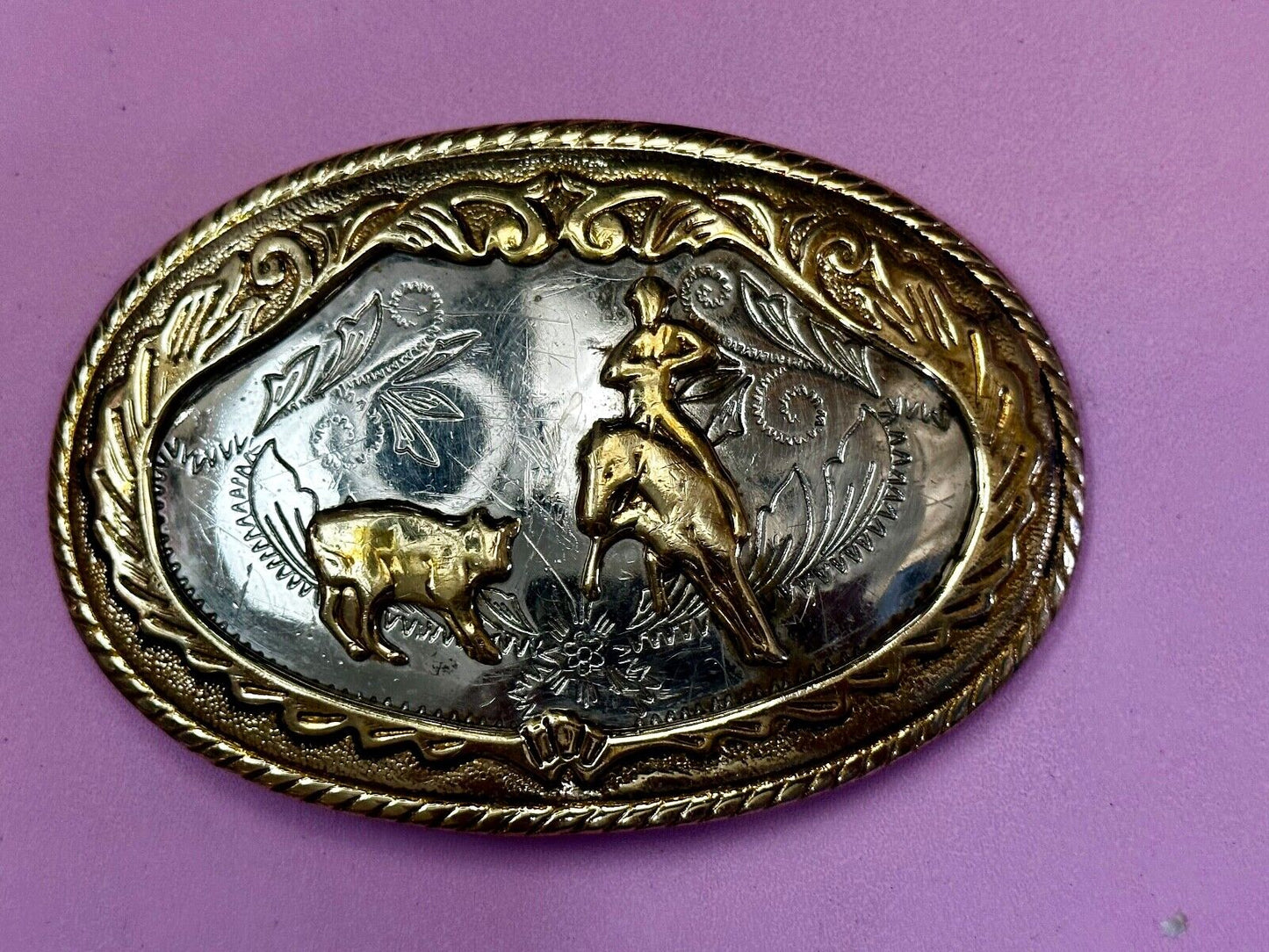 Beautiful Cowboy Ropeing Scene Vintage German Silver Belt Buckle - Awesome Detai