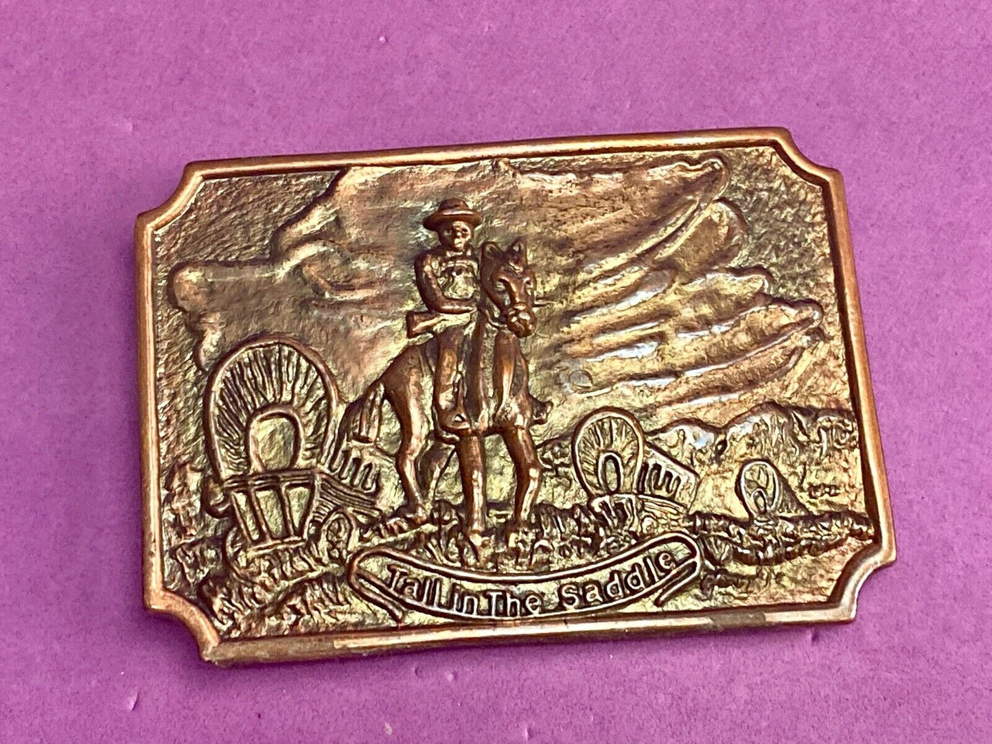 Tall In The Saddle Masked Cowboy And Covered Wagon Western Art Belt Buckle